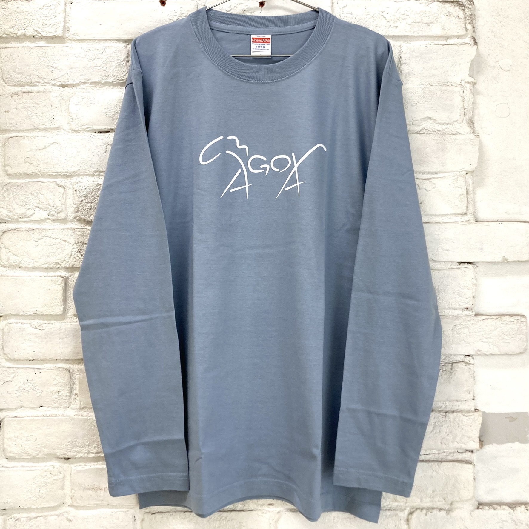 馬小屋デザインロゴ 馬小屋ロンT Lサイズ アシッドブルー フロントプリント